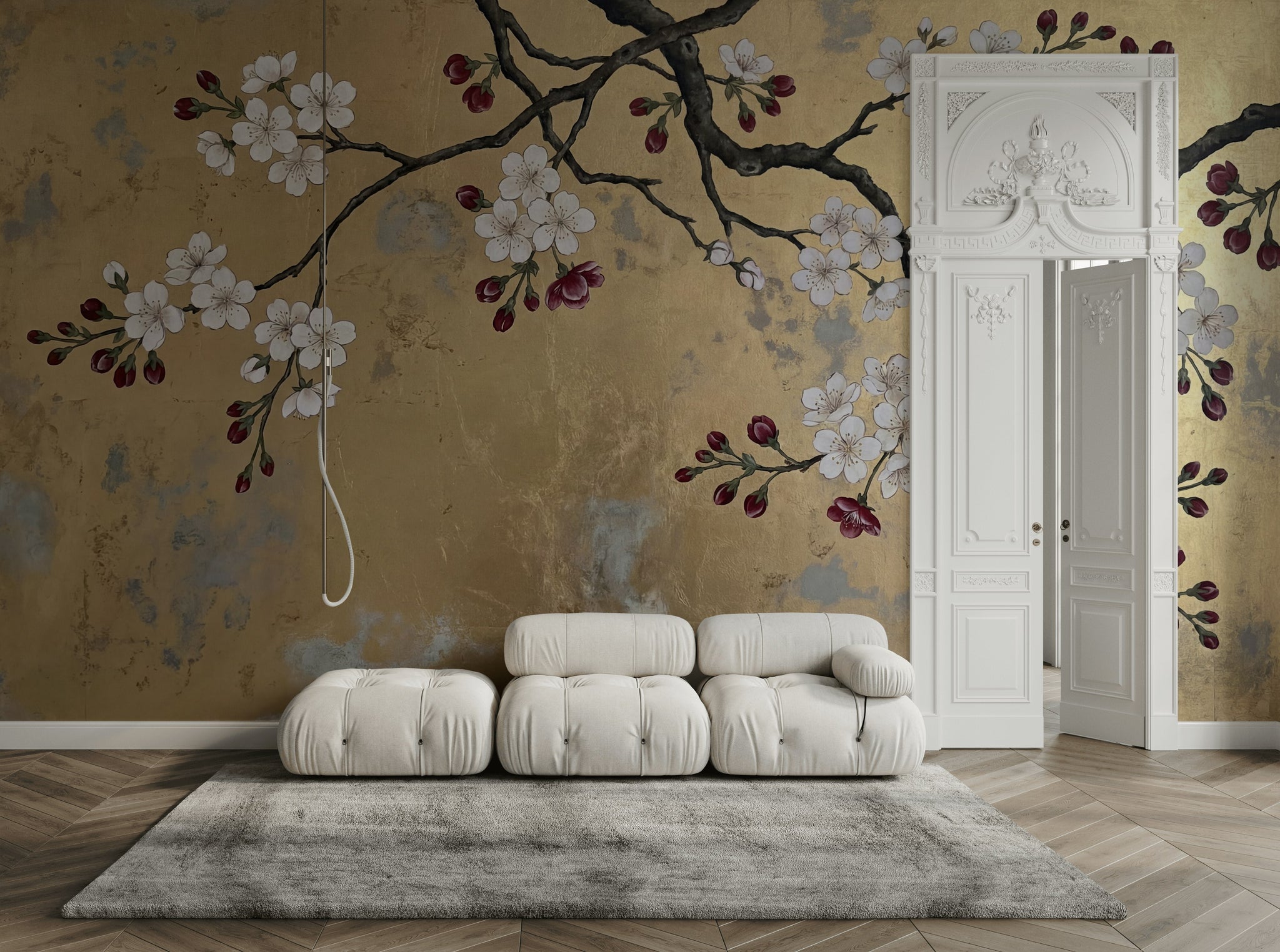 Gold Leaf Background Wallpaper Cherry Blossom Branch Oriental Inspired Wall Mural