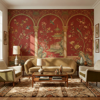 Chinoiserie Wallpaper Red Background Pagoda Pavilion Wall Mural