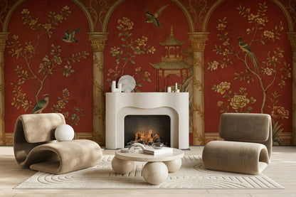 Chinoiserie Wallpaper Red Background Pagoda Pavilion Wall Mural
