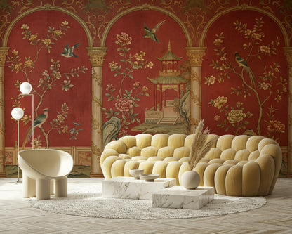 Chinoiserie Wallpaper Red Background Pagoda Pavilion Wall Mural