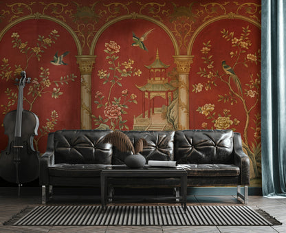 Chinoiserie Wallpaper Red Background Pagoda Pavilion Wall Mural