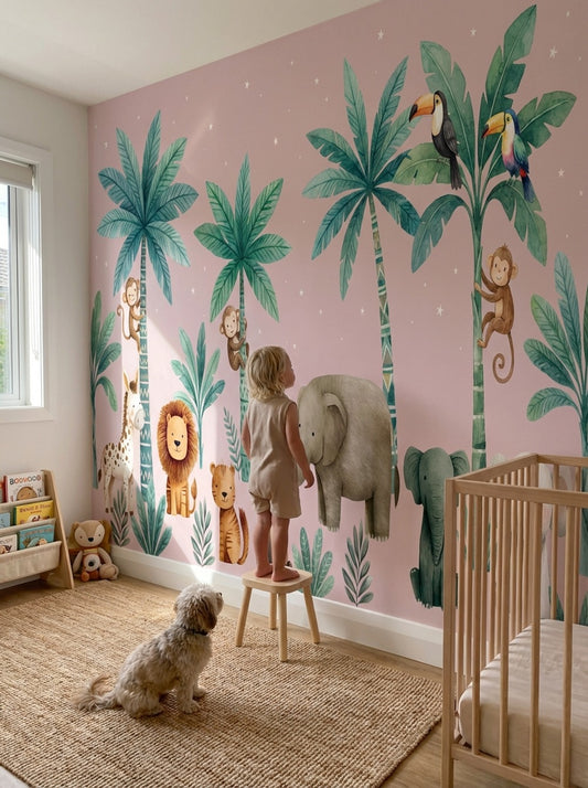 Tropical Jungle Wallpaper Nursery Wallpaper Cute Animals Removable Wall Decor