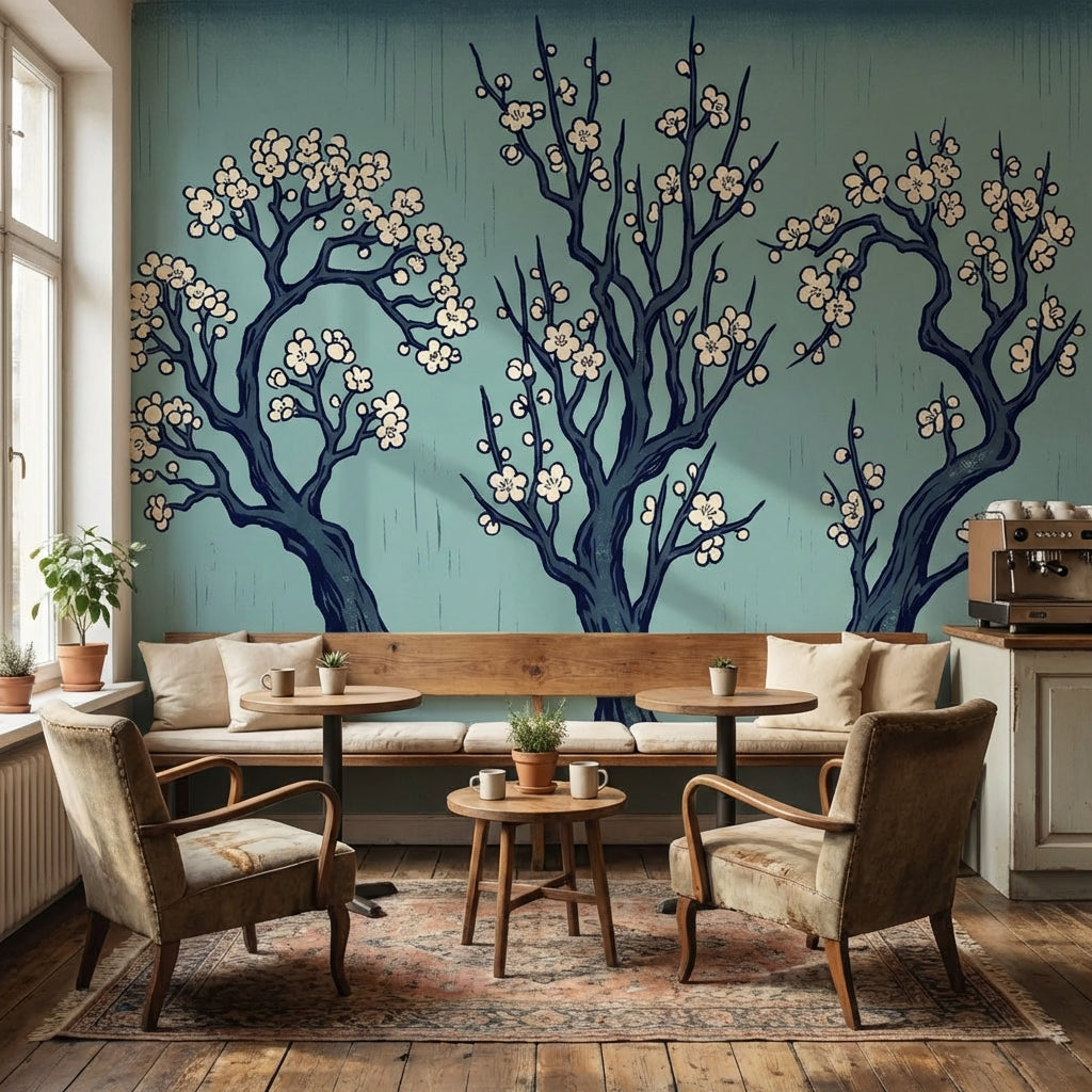 Cherry Blossom Wallpaper Floral Trees East Asian Inspired Wall Mural