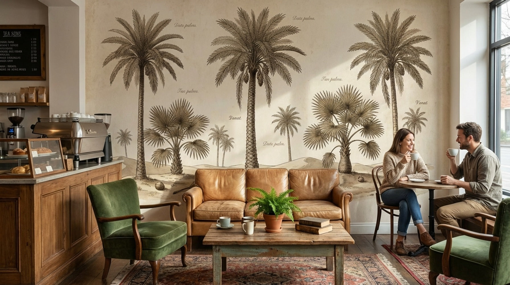 Vintage Botanical Wallpaper Palm Trees Desert Dunes Wall Mural