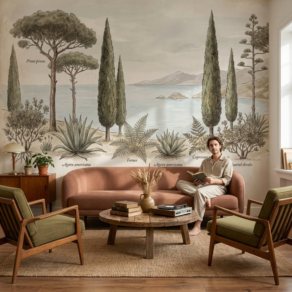 Mediterranean Coast Wallpaper Botanical Illustration Vintage Naturalist Plate Wall Mural
