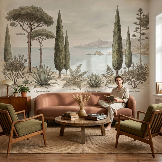 Mediterranean Coast Wallpaper Botanical Illustration Vintage Naturalist Plate Wall Mural