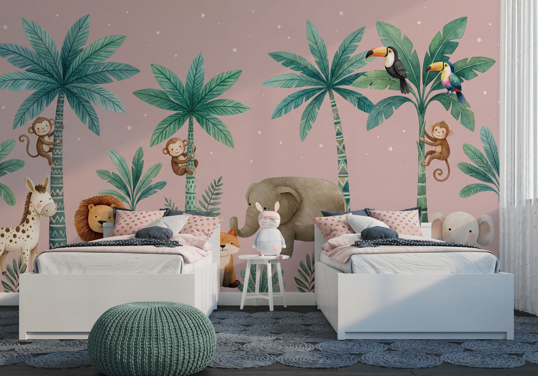 Tropical Jungle Wallpaper Nursery Wallpaper Cute Animals Removable Wall Decor