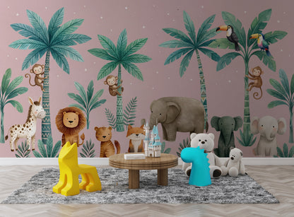 Tropical Jungle Wallpaper Nursery Wallpaper Cute Animals Removable Wall Decor