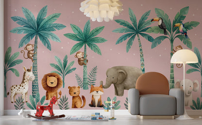 Tropical Jungle Wallpaper Nursery Wallpaper Cute Animals Removable Wall Decor