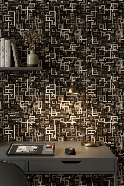 Dark Geometric Wallpaper Abstract Squares Maze Pattern Decorative Mural