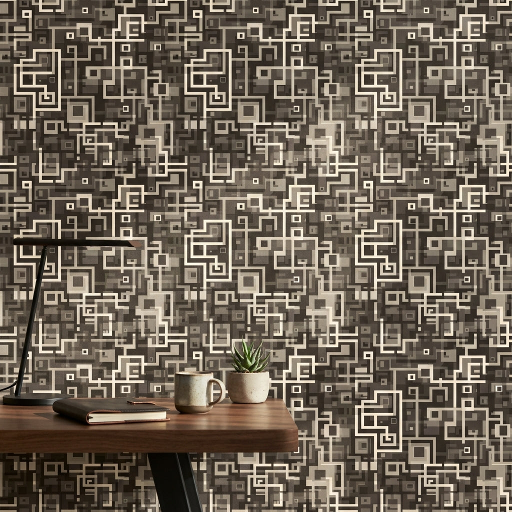 Dark Geometric Wallpaper Abstract Squares Maze Pattern Decorative Mural