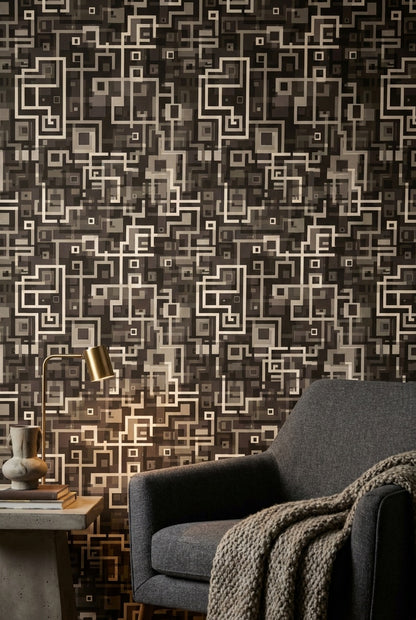 Dark Geometric Wallpaper Abstract Squares Maze Pattern Decorative Mural