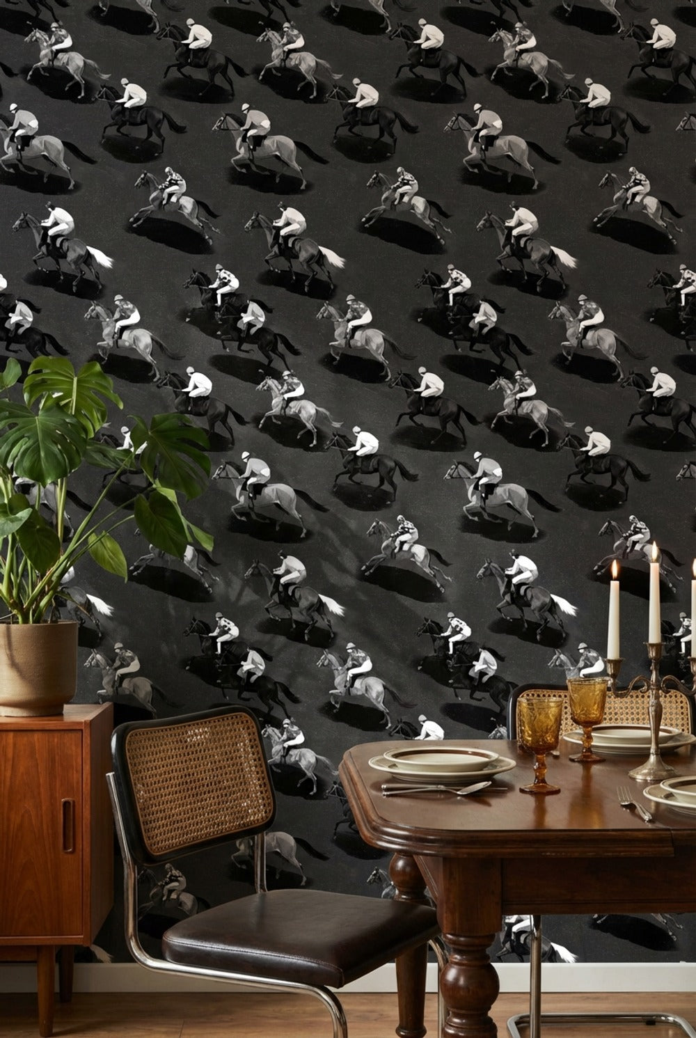 Horse Racing Wallpaper Monochrome Repeating Pattern Decorative Mural