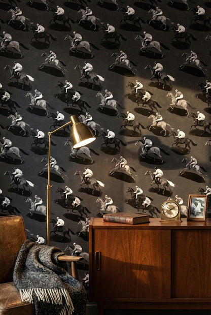 Horse Racing Wallpaper Monochrome Repeating Pattern Decorative Mural