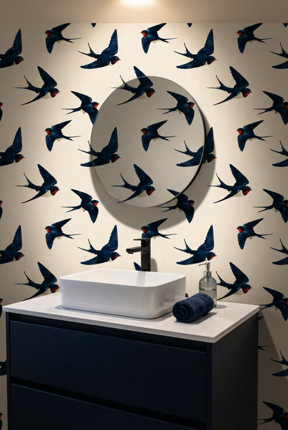 Swallows Wallpaper Birds In Flight Navy Blue Decorative Mural