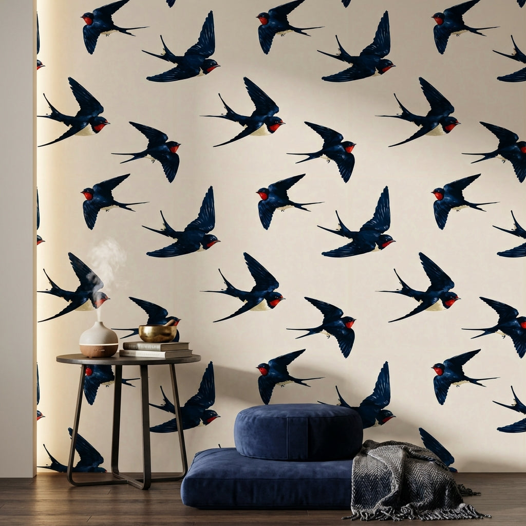 Swallows Wallpaper Birds In Flight Navy Blue Decorative Mural