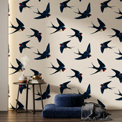 Swallows Wallpaper Birds In Flight Navy Blue Decorative Mural
