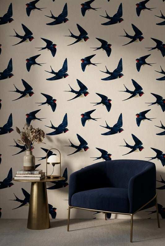 Swallows Wallpaper Birds In Flight Navy Blue Decorative Mural