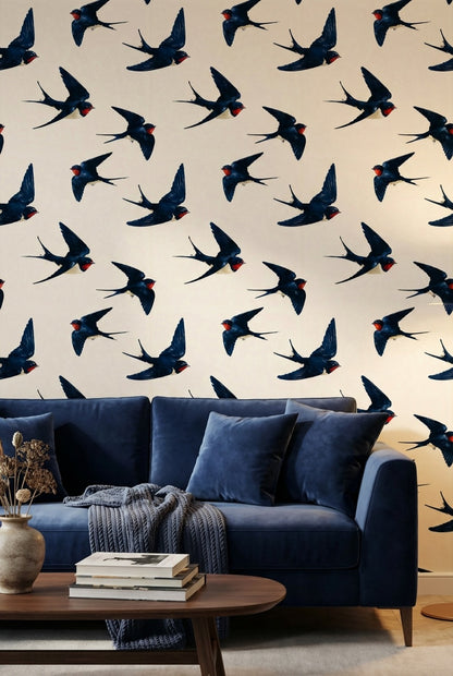 Swallows Wallpaper Birds In Flight Navy Blue Decorative Mural