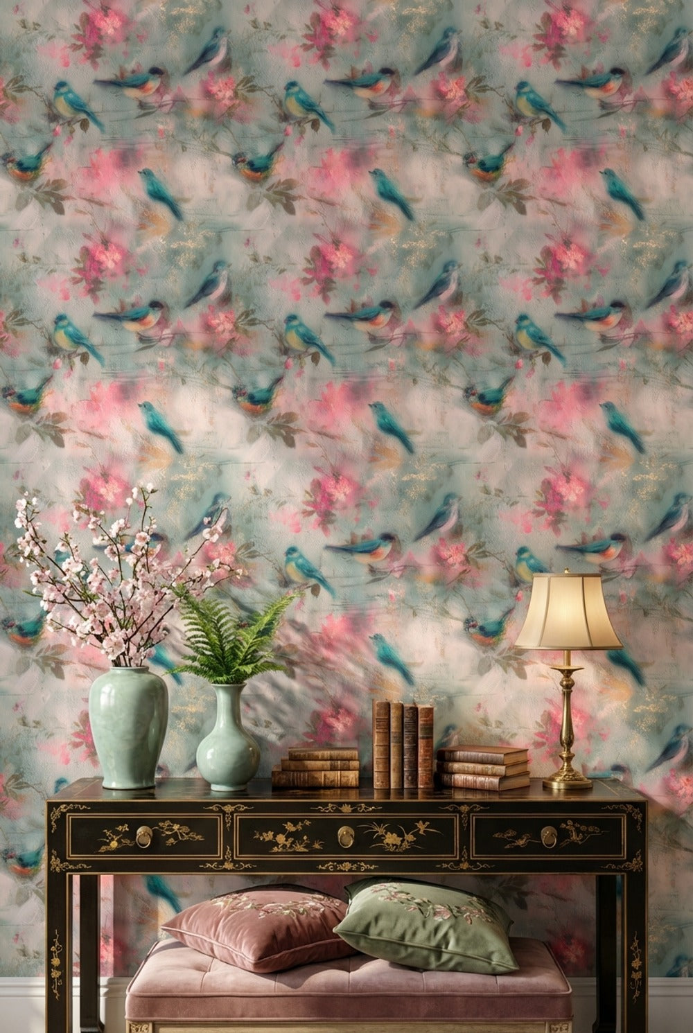 Birds Wallpaper Floral Blossoms Teal Blue Decorative Mural