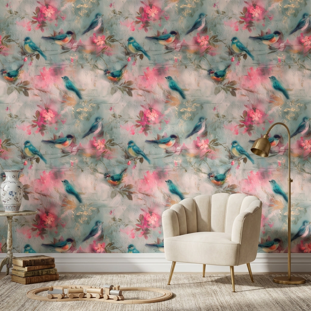 Birds Wallpaper Floral Blossoms Teal Blue Decorative Mural