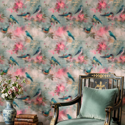 Birds Wallpaper Floral Blossoms Teal Blue Decorative Mural