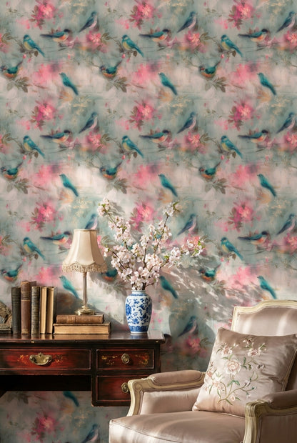 Birds Wallpaper Floral Blossoms Teal Blue Decorative Mural