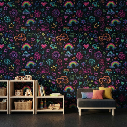 Dark Chalkboard Wallpaper Neon Doodles Kids Drawing Decorative Mural