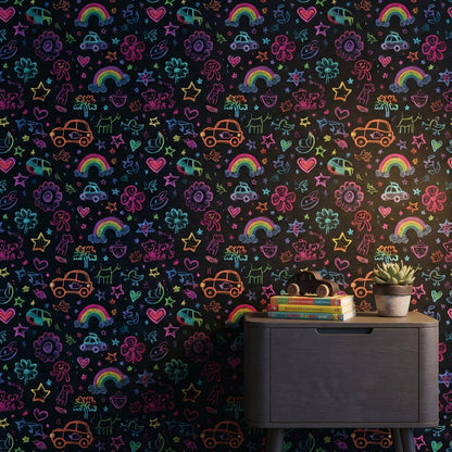 Dark Chalkboard Wallpaper Neon Doodles Kids Drawing Decorative Mural