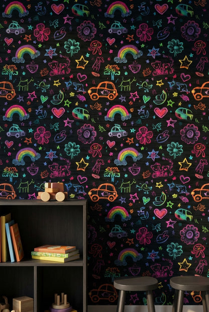 Dark Chalkboard Wallpaper Neon Doodles Kids Drawing Decorative Mural