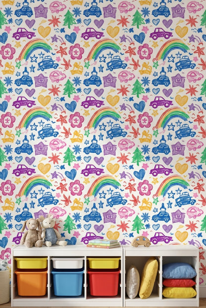 Kids Doodles Wallpaper Crayon Texture Cars Removable Wall Decor