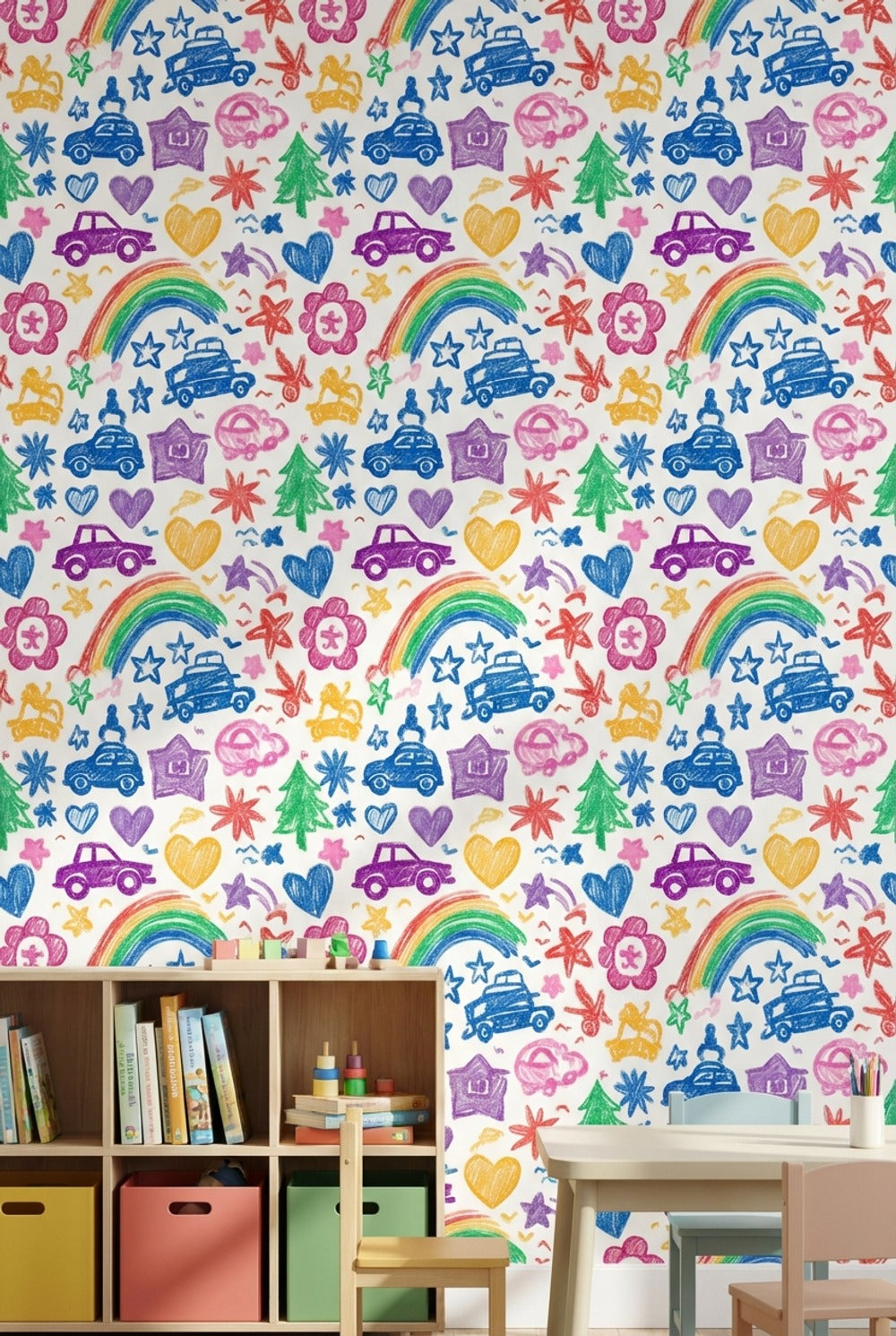 Kids Doodles Wallpaper Crayon Texture Cars Removable Wall Decor