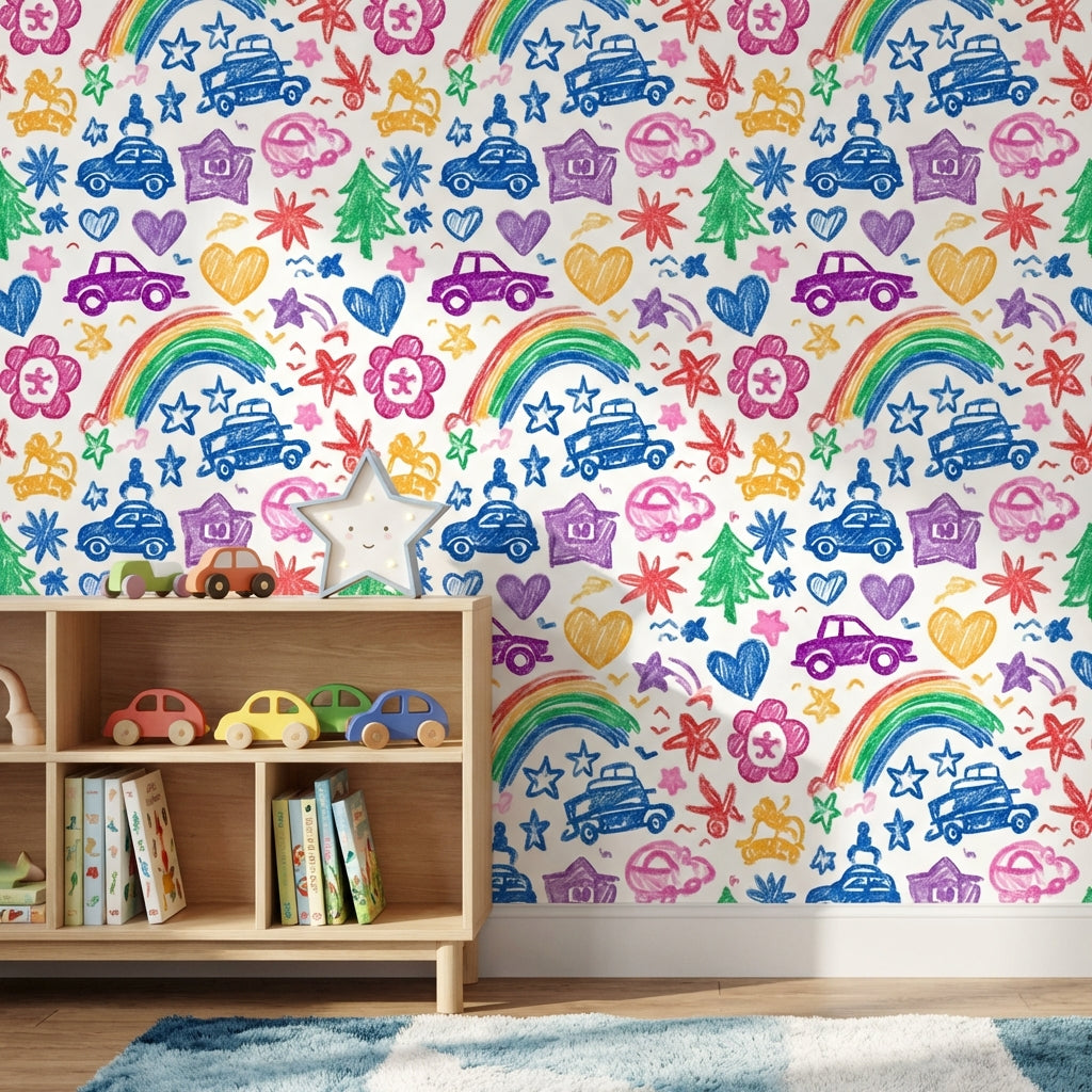 Kids Doodles Wallpaper Crayon Texture Cars Removable Wall Decor