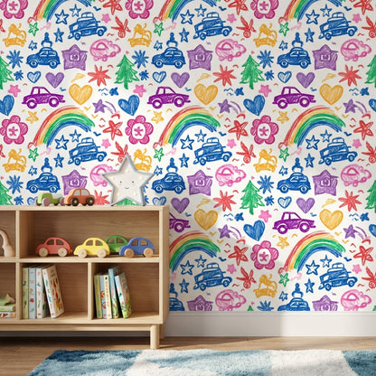 Kids Doodles Wallpaper Crayon Texture Cars Removable Wall Decor