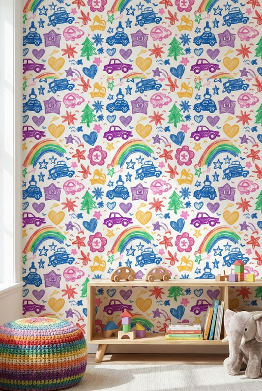 Kids Doodles Wallpaper Crayon Texture Cars Removable Wall Decor
