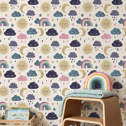 Nursery Wallpaper Cute Clouds Removable Sun And Moon Wall Art