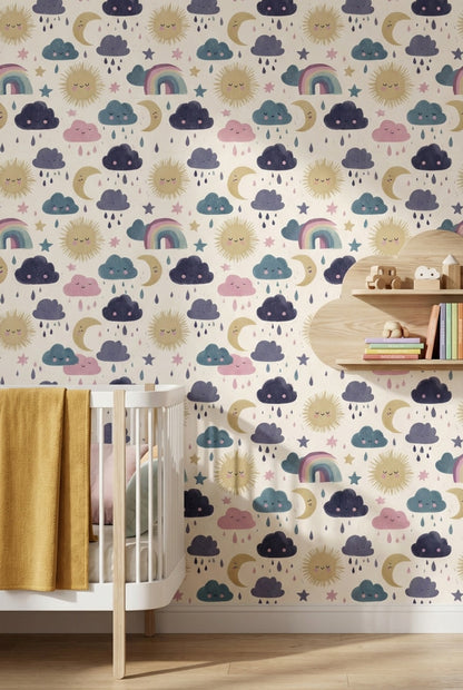 Nursery Wallpaper Cute Clouds Removable Sun And Moon Wall Art