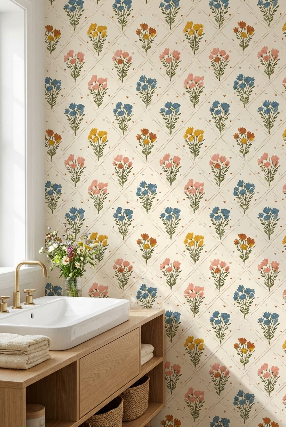 Floral Bouquets Wallpaper Wildflowers Removable Cream Background Wall Art