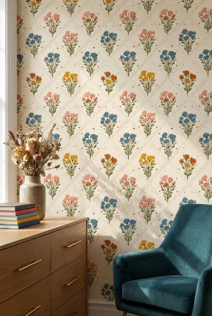 Floral Bouquets Wallpaper Wildflowers Removable Cream Background Wall Art