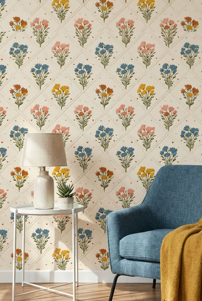 Floral Bouquets Wallpaper Wildflowers Removable Cream Background Wall Art