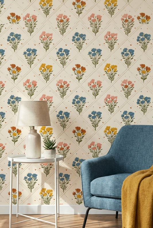Floral Bouquets Wallpaper Wildflowers Removable Cream Background Wall Art