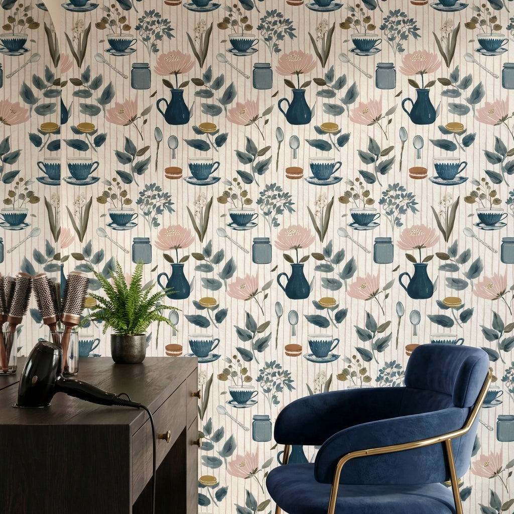 Teacup And Saucer Wallpaper Floral Removable Scandinavian Modern Wall Art