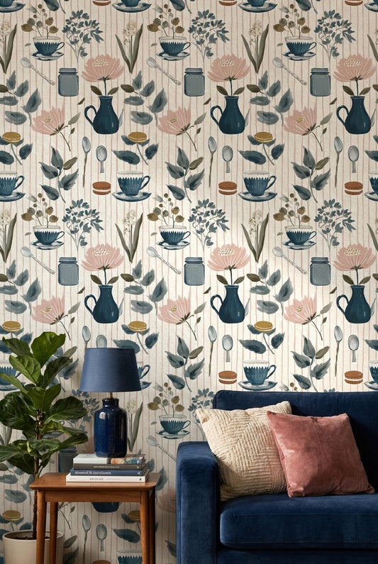 Teacup And Saucer Wallpaper Floral Removable Scandinavian Modern Wall Art