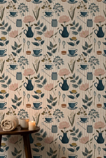 Teacup And Saucer Wallpaper Floral Removable Scandinavian Modern Wall Art