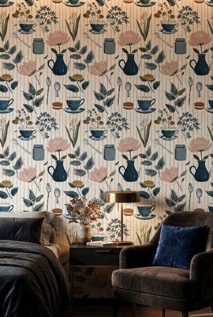 Teacup And Saucer Wallpaper Floral Removable Scandinavian Modern Wall Art