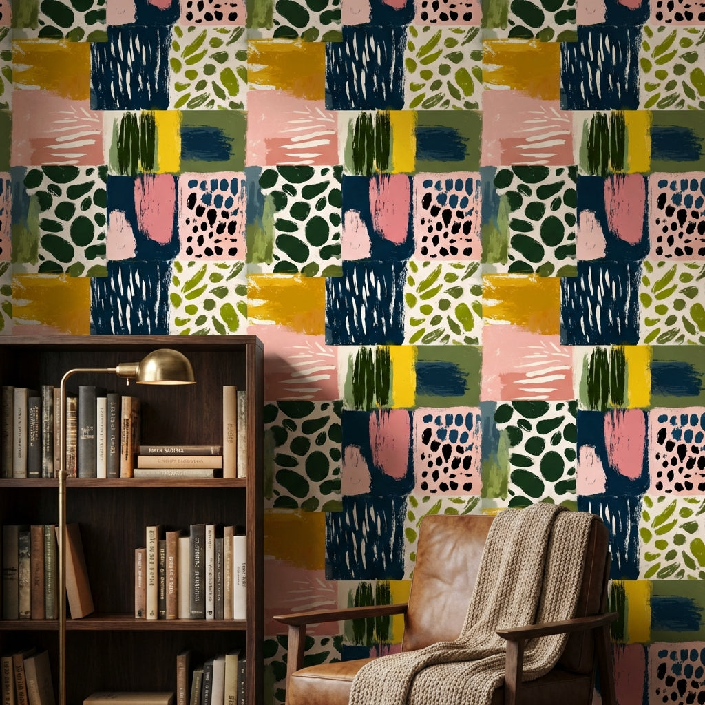 Geometric Patchwork Wallpaper Painterly Brushstrokes Modern Collage Decorative Mural