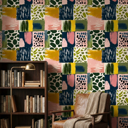 Geometric Patchwork Wallpaper Painterly Brushstrokes Modern Collage Decorative Mural
