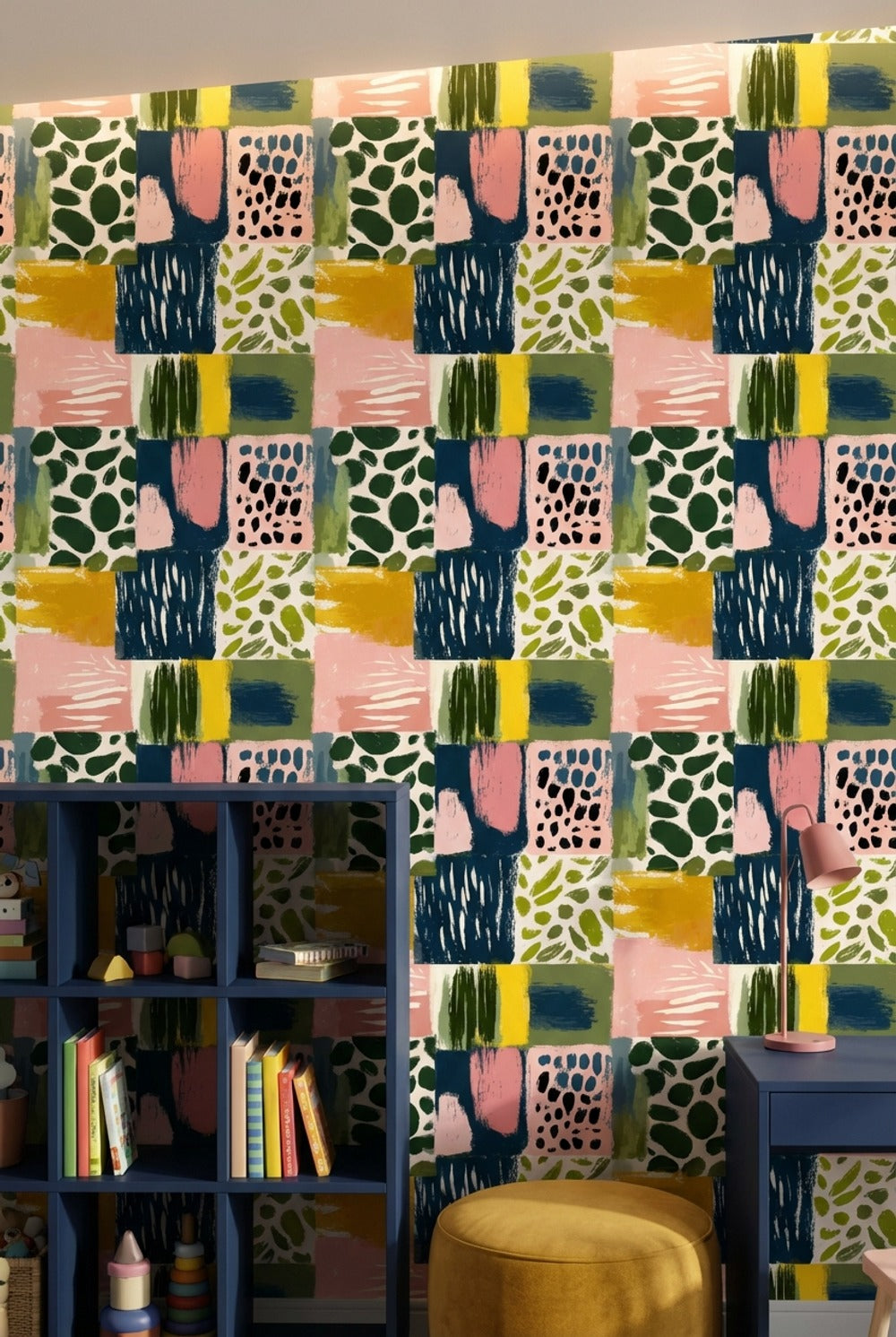 Geometric Patchwork Wallpaper Painterly Brushstrokes Modern Collage Decorative Mural