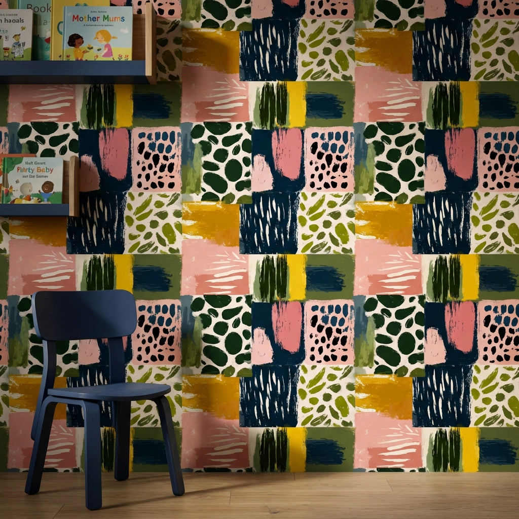 Geometric Patchwork Wallpaper Painterly Brushstrokes Modern Collage Decorative Mural