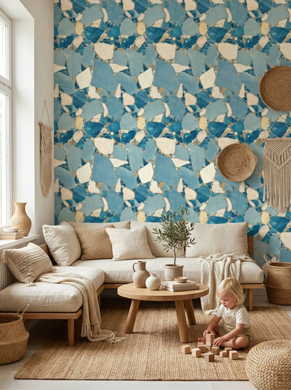 Blue Terrazzo Wallpaper Marble Look Stone Mosaic Decorative Mural
